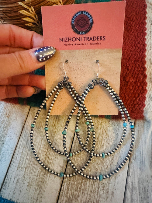 Handcrafted Turquoise & Sterling Silver Beaded Dangle Hoop Earrings