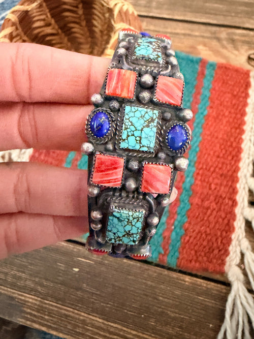Handcrafted Old Pawn Sterling Silver & Multi Stone Cuff Bracelet