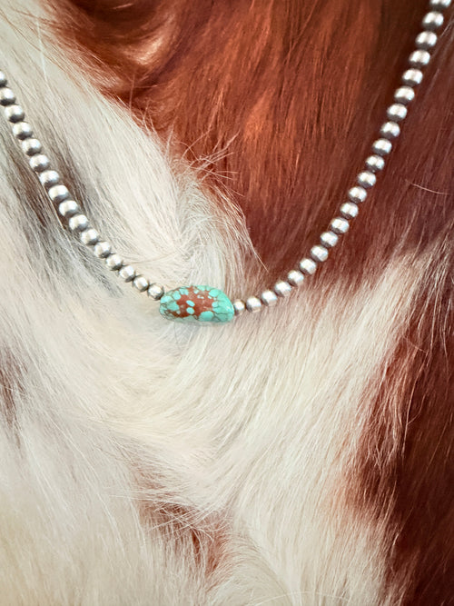 Handcrafted Turquoise & 3mm Sterling Silver Pearl Beaded Necklace