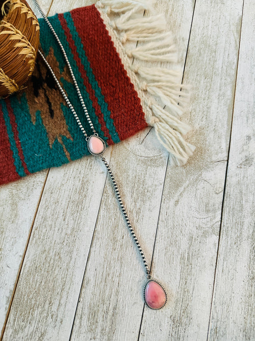 Navajo Queen Pink Conch & Sterling Silver Pearl Beaded Lariat Necklace