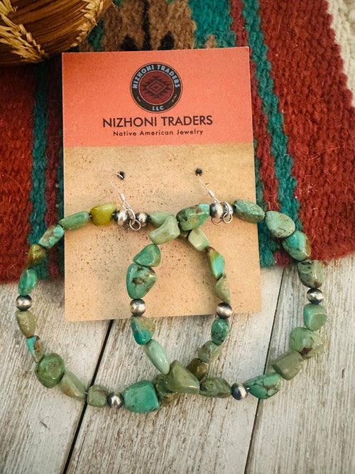 Navajo Turquoise and Sterling Silver Beaded Dangle Hoop Earrings