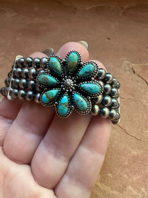 Handmade Sterling Silver & Turquoise Beaded Navajo Pearl Style Bracelet