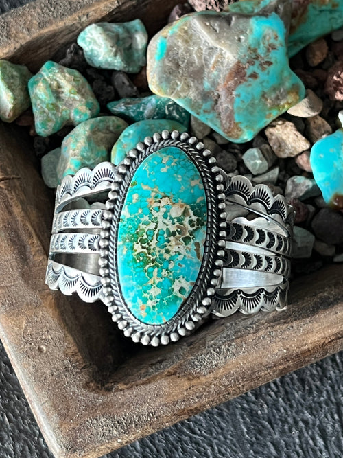 Navajo Hand Stamped Sterling Silver and Royston Turquoise Cuff Bracelet by Diane Wylie