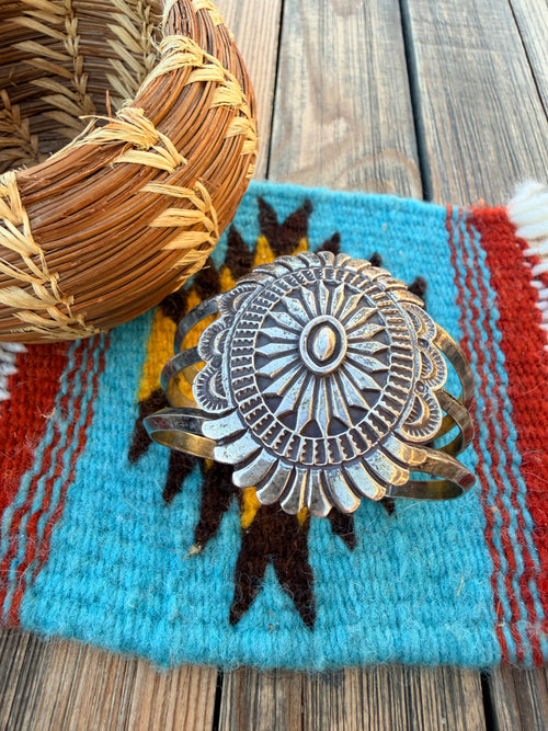 Handcrafted Old Pawn Sterling Silver Concho Cuff Bracelet