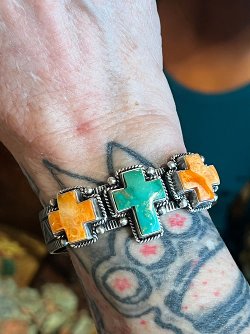 Handcrafted Hand Stamped Sterling Silver, Kingman Turquoise and Spiny Oyster Cross Cuff Bracelet by Bernyse Chavez