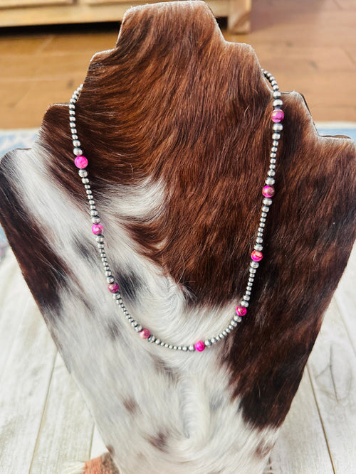 Navajo Sterling Silver & Pink Mojave 18” Beaded Necklace