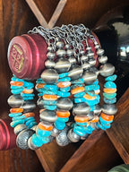 Navajo Made Chunky Sterling Silver, Turquoise and Spiny Oyster Shell Beaded Bracelet, Adjustable