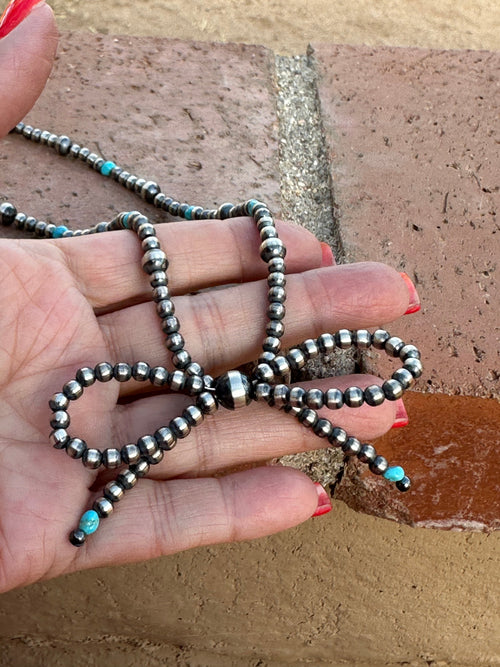 Navajo Made Sterling Silver & Turquoise  Pearl Beaded 4-6mm Bow Tie  Necklace 18 inches