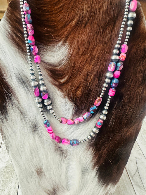 Navajo Sterling Silver & Pink Dream Mojave Beaded 36” Necklace