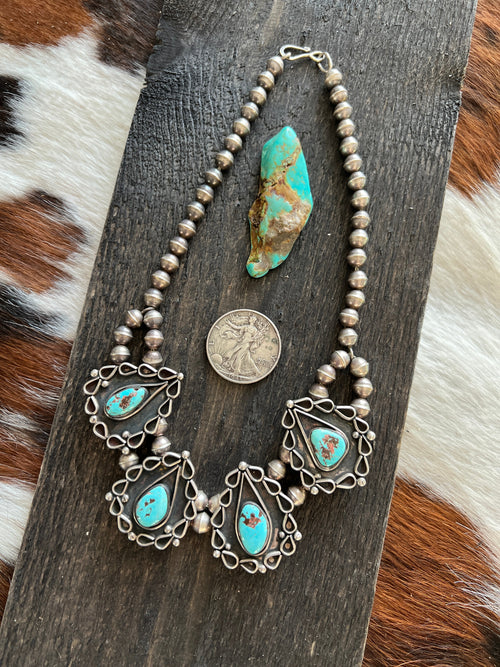 Vintage Navajo Sterling Silver and Turquoise Station Necklace