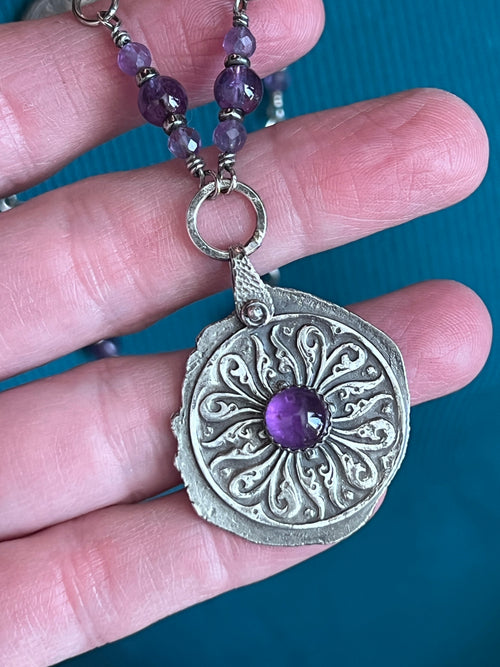 Tularosa Rosary Style Sterling Silver and Amethyst Relic Coin Necklace