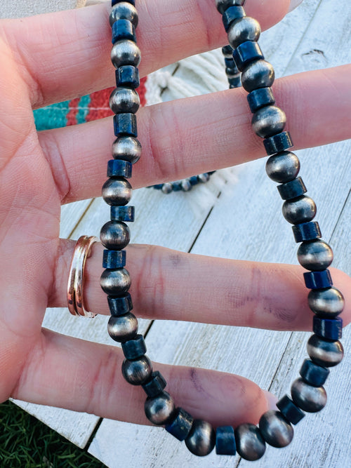 Sterling Silver Pearl & Lapis 18” Beaded Necklace