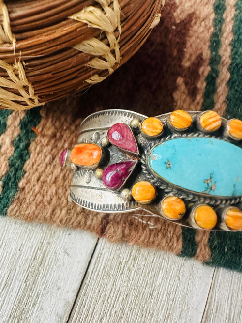 Old Pawn Navajo Turquoise, Spiny & Sterling Silver Cuff Bracelet