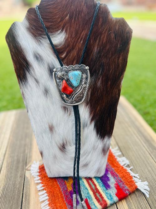 Handcrafted Vintage Old Pawn Sterling Silver, Turquoise & Coral Bolo Tie