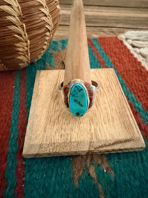 Old Pawn Handcrafted Turquoise, Coral & Sterling Silver Ring Size 14.5