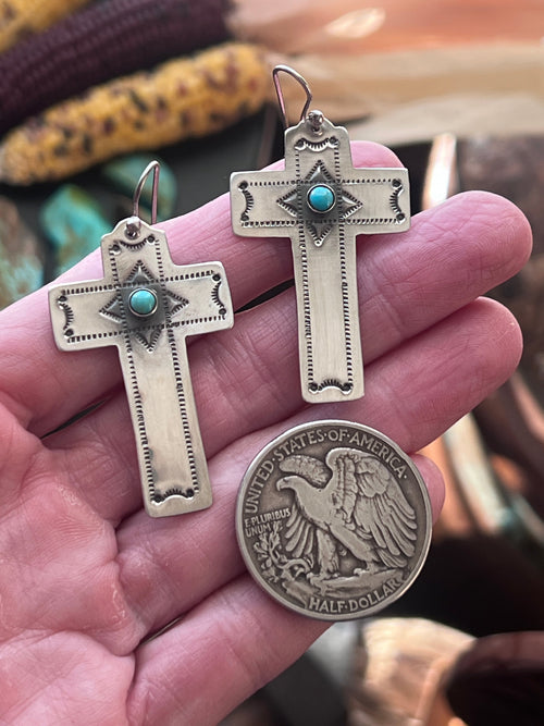 Hand Stamped Sterling Silver Cross Dangle Earrings with Turquoise by Kimari Somers