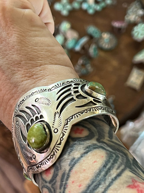 Old Pawn Navajo Sterling Silver and Royston Turquoise Overlay Bear Paw Cuff Bracelet by Charlie Bowie