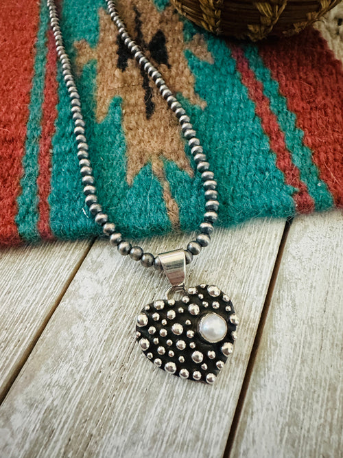 Navajo Freshwater Pearl & Sterling Silver Pearl Beaded Heart Necklace