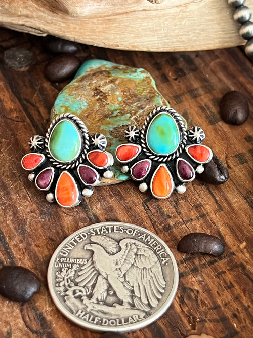Navajo Made Sterling Silver Electric Rainbow Beaded Cluster Necklace & Earrings Set by Angela Martin