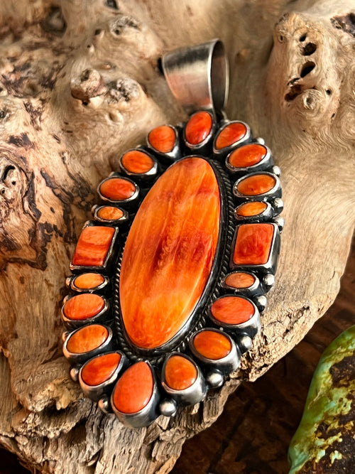 Handcrafted Sterling Silver and Spiny Oyster Shell Cluster Pendant by Loretta Delgarito