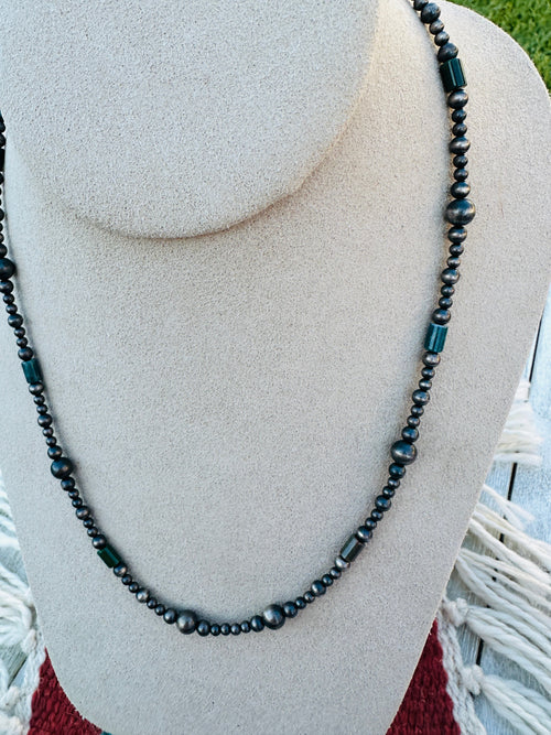 Sterling Silver Pearl & Lapis 18” Beaded Necklace