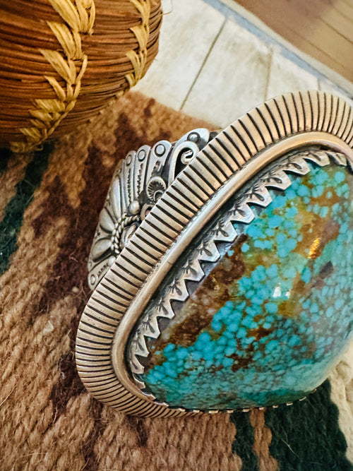 Old Pawn Navajo Sterling Silver & Spider Web Kingman Turquoise Cuff Bracelet
