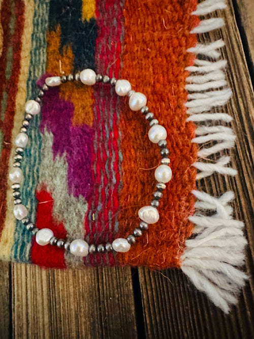 Handcrafted Freshwater Pearl & Sterling Silver Pearl Beaded Stretch Bracelet