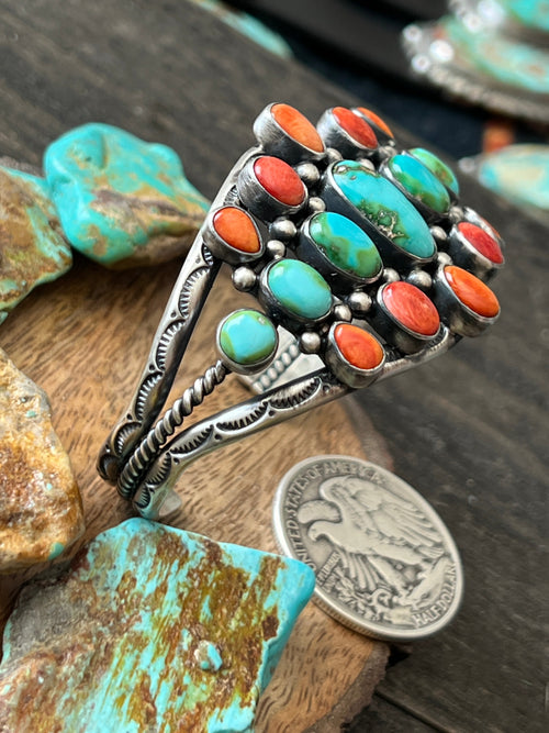 Navajo Hand Stamped Sterling Silver, Sonoran Turquoise and Spiny Oyster Shell Cluster Cuff Bracelet by Diane Wylie