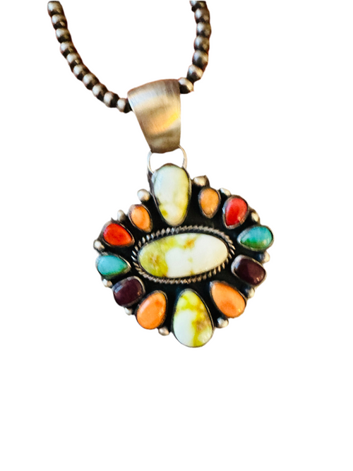 Navajo Electric Rainbow Turquoise, Spiny & Sterling Silver Cluster Pendant by Angela Martin