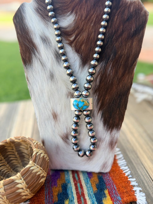 Handcrafted Turquoise & Sterling Silver Beaded Double Sided Jacla Necklace