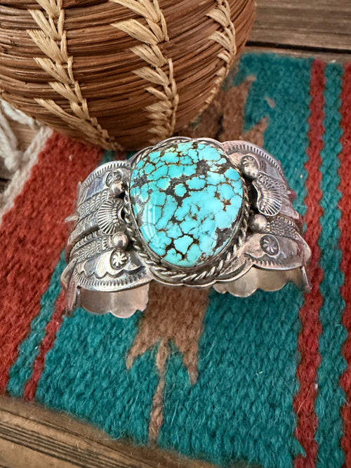 Handcrafted Old Pawn Sterling Silver & Number 8 Turquoise Cuff Bracelet