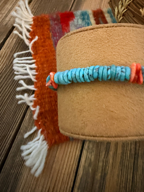 Handcrafted Turquoise and Spiny Oyster Beaded Stretch Bracelet