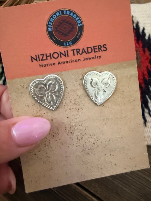 Old Pawn Handcrafted Sterling Silver Heart Stud Earrings