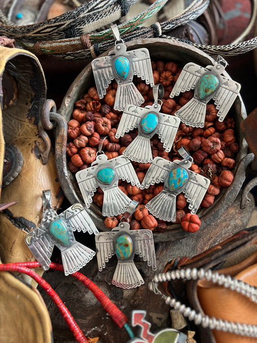 Kimari Somers Hand Stamped Sterling Silver & Kingman Turquoise Thunderbird Pendant 2