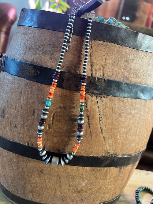 Navajo Electric Rainbow Sterling Silver, Turquoise and Spiny Oyster Single Strand Beaded Necklace by Rose Martin, 16 + 2 Inches