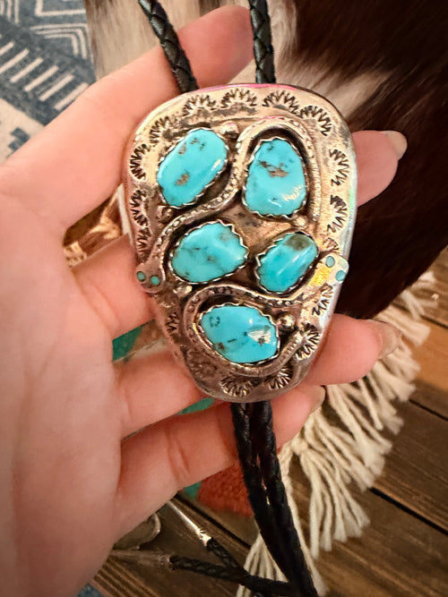Handcrafted Vintage Old Pawn Sterling Silver & Turquoise Concho Bolo Tie by Effie Calavaza