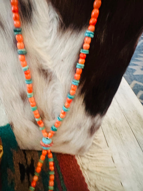 Handcrafted Spiny Oyster,  Turquoise & Sterling Silver Beaded Jacla Necklace