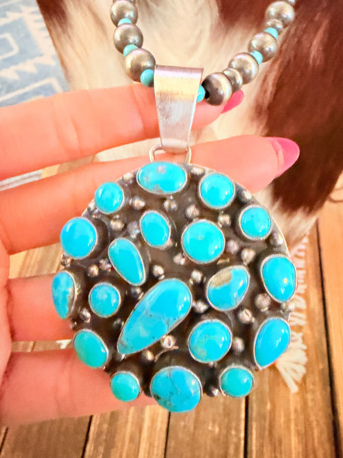 Handcrafted Turquoise & Sterling Silver Cluster Beaded Necklace by Bobby Johnson