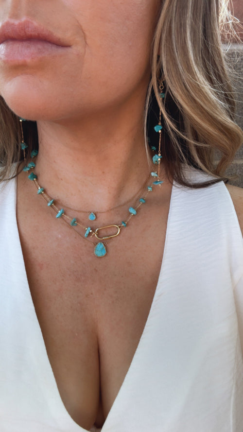 “The Golden Collection” Turquoise Beaded Gravel Paperclip Handmade 14k Gold Plated Necklace