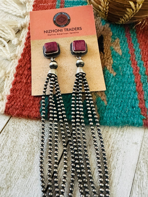 Navajo Purple Spiny & Sterling Silver Pearl Beaded Tassel Dangle Earrings by Emerson Thompson