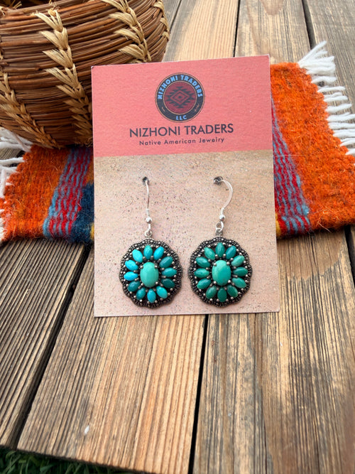Old Pawn Handmade Sterling Silver & Turquoise Cluster Dangle Earrings
