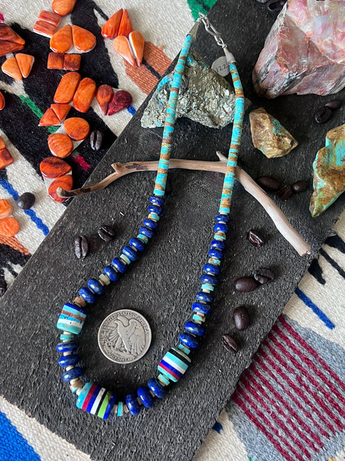 Ronald Chavez Handcrafted  Multistone Beaded Santo Domingo Necklace with Lapis Rondelles