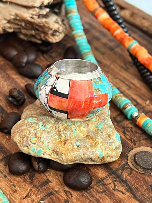 Daniel Coriz Triple Strand Spiny Oyster, Onyx and Turquoise Beaded Necklace w/ Removable Sterling Silver & Stone Inlay Bead