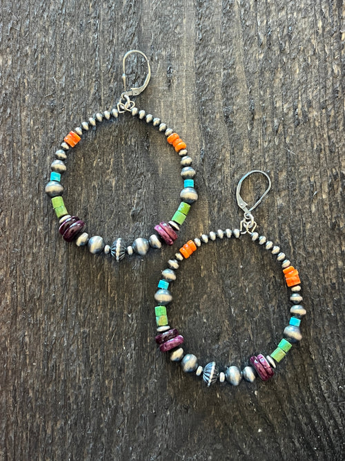 Navajo Made Electric Rainbow 2 Inch Sterling Silver, Turquoise & Spiny Oyster Beaded Hoop Earrings, Leverback