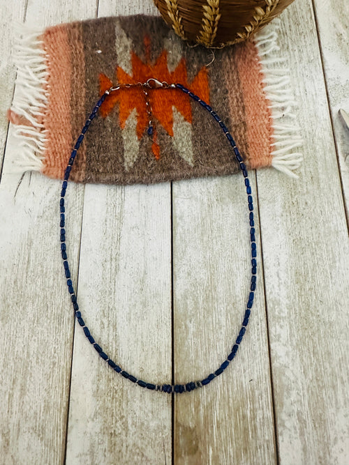 Navajo Lapis & Sterling Silver 16” Beaded Necklace