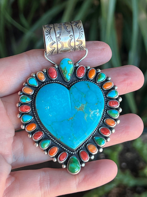 Color Burst Handcrafted Kingman Turquoise Heart Pendant w/ Spiny Oyster Shell and Sonoran Mountain Turquoise by Angela Martin