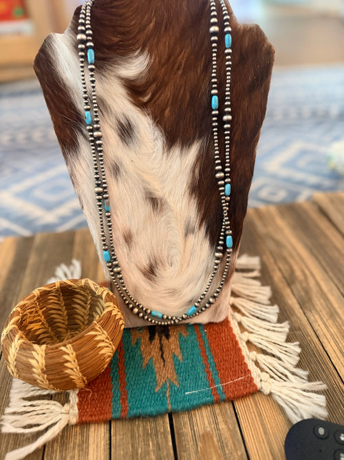 Handcrafted Turquoise & Sterling Silver Pearl Beaded 72” Necklace