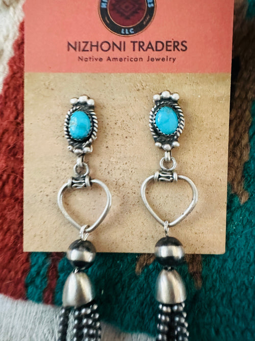 Navajo Turquoise & Sterling Silver Pearl Beaded Tassel Dangle Earrings