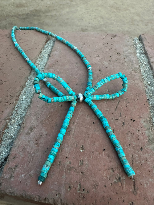 Navajo Made Sterling Silver & Turquoise  Pearl Beaded Bow Tie  Necklace 18 inches