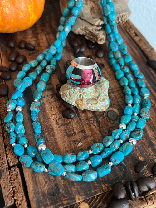 Daniel Coriz Triple Strand Turquoise and Sterling Beaded Necklace w/ Removable Sterling Silver & Stone Inlay Bead